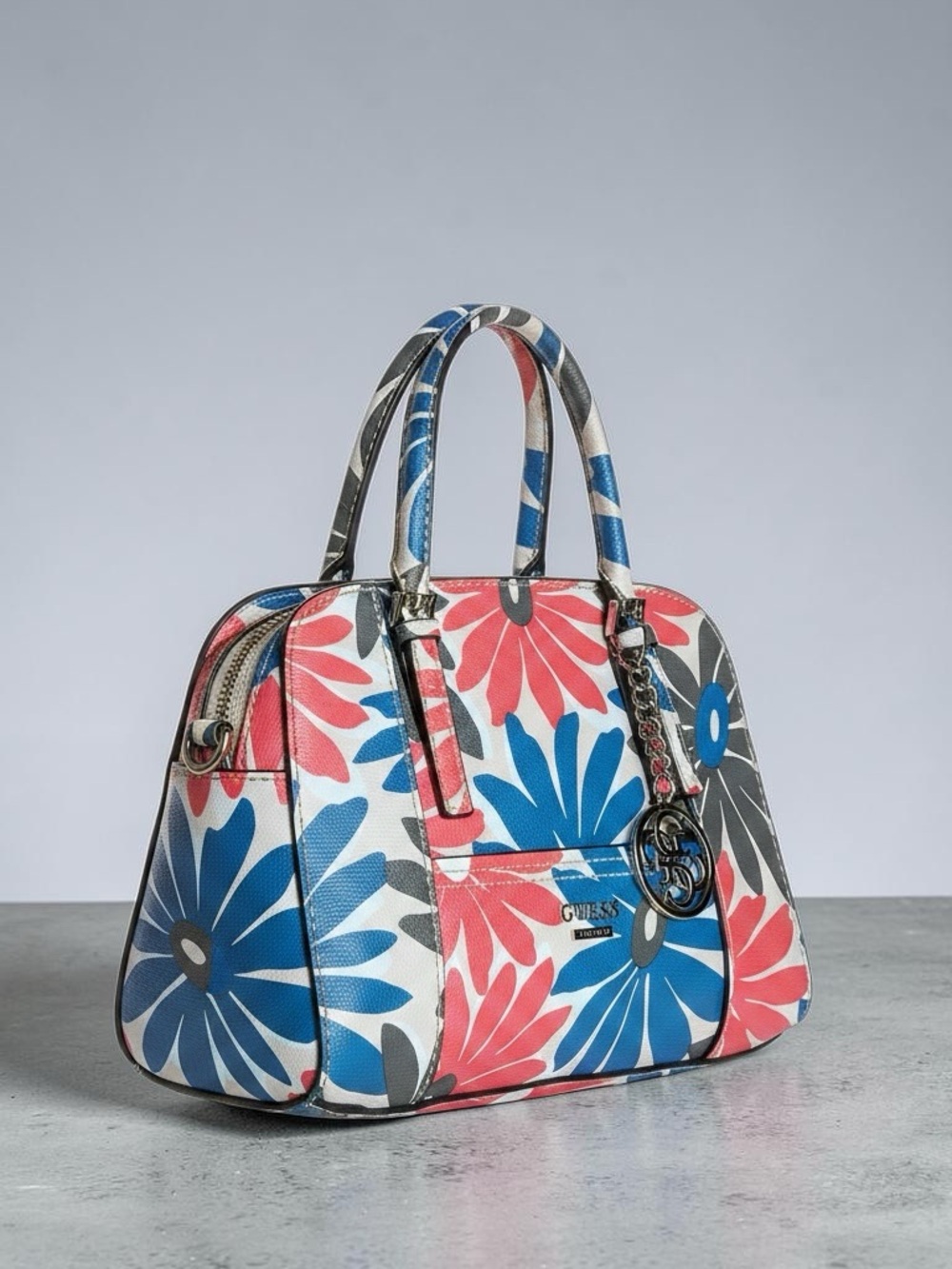 Guess Floral Dome Satchel - Blue, Pink & White